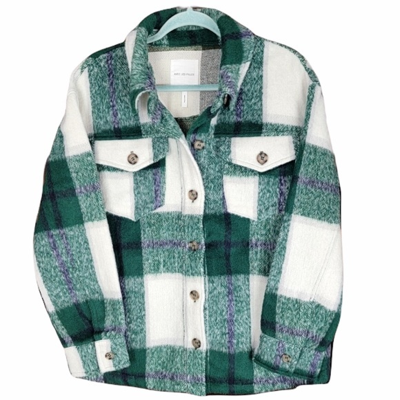 Avec Les Filles sz XS green white plaid button up long sleeve jacket shirt coat - Picture 2 of 13